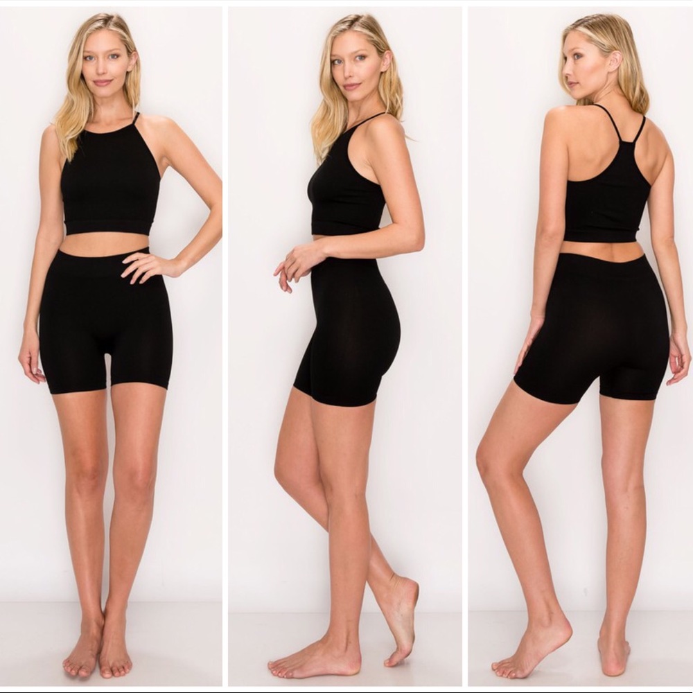 Seamless Ribbed Spaghetti Strap Tank Short Set